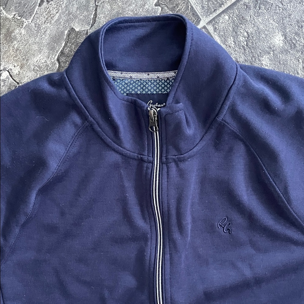ROBERT GRAHAM Navy Blue Zip-up Sweater Preppy Coastal Casual Cottagecore - Picture 4 of 12